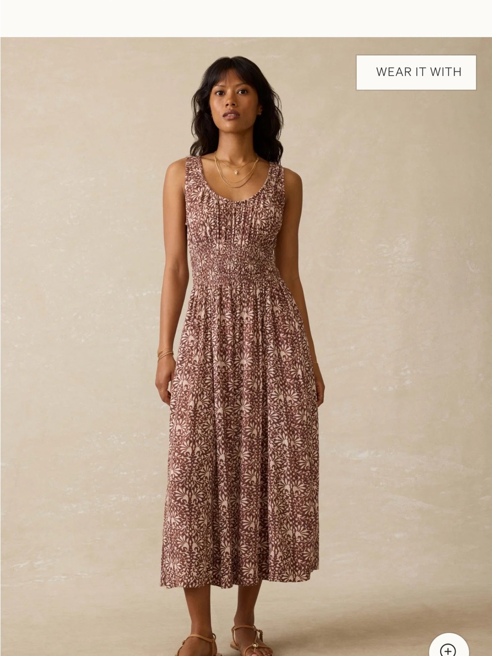 Faherty Sunseeker Brown and White Smocked Waist Midi Sundress NWT Size L